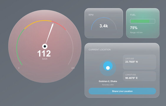 Glassmorphism car dashboard interface, futuristic vehicle speedometer and GPS navigation UI, modern automotive digital display