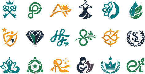 Fototapeta premium Collection of various professional business logo templates, modern vector icons for corporate branding, real estate, fashion, and wellness