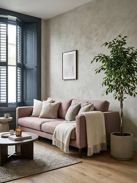 Elegant living room with textured grey wall, pink sofa, dark blue shuttered window, indoor tree, wooden floor, and stylish home decor