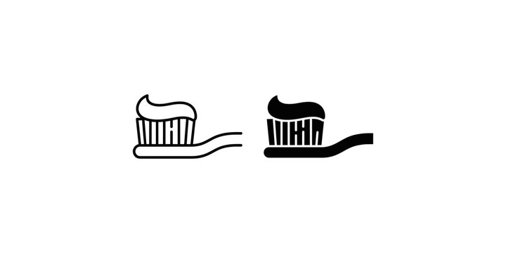 Toothbrush with toothpaste icon in black line and solid styles for dental hygiene design.