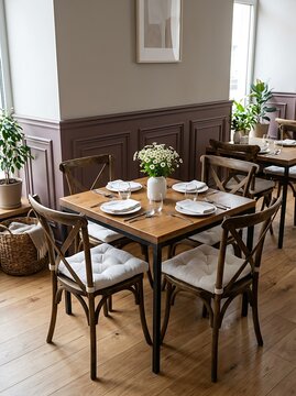 Cozy restaurant dining area with wooden tables, crossback chairs with white cushions, daisy flower centerpiece, wainscoting wall paneling, and warm lighting