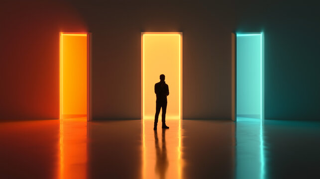 Modern conceptual artwork of a man standing before three glowing doorways in a dark interior with warm orange and cyan lighting. Concept of choice, opportunity, future, and decision
