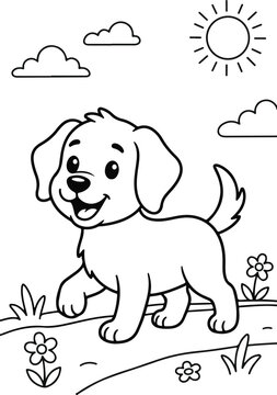 Cute puppy dog walking in a sunny garden with flowers and clouds, coloring page for kids