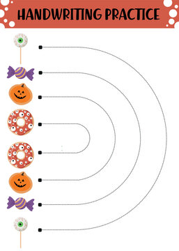 Halloween handwriting practice worksheet featuring dotted curved tracing lines with eyeball lollipops, candy, pumpkins and spooky donuts for preschool prewriting