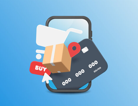 parcel box, shopping cart, credit card, pin map and buy button display on smart phone screen for online shopping, e commerce, delivery advertising design, vector 3d illustration on blue background