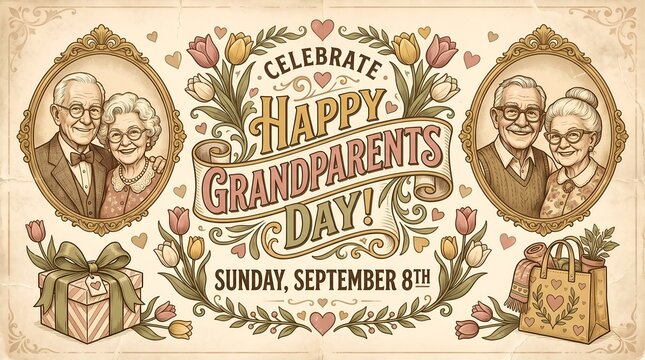 Vintage Retro Happy Grandparents Day Banner with Grandparents Portraits