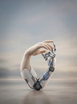 Surreal human robotic cyborg arm seamlessly merging shaping circle futuristic bionic technology cloudy sky background