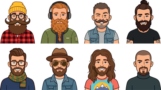 Hipster Man Avatar and Bearded Male Character Vector Icon Set Featuring Various Hairstyles, Beards, Moustaches, Glasses, and Fashionable Outfits Illustration (20 words)