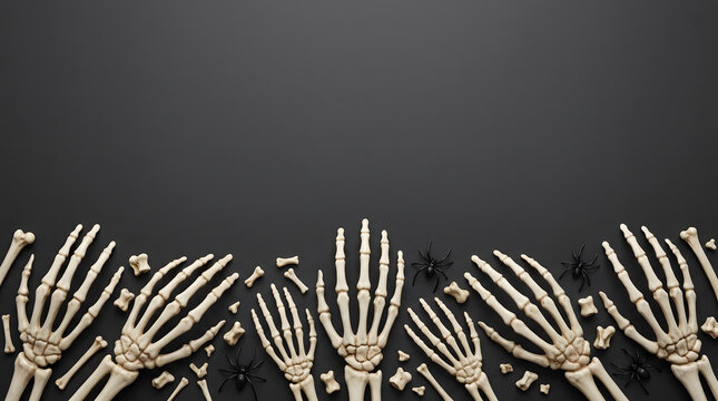Multiple human skeleton hands reaching up from below against dark moody grey background for halloween