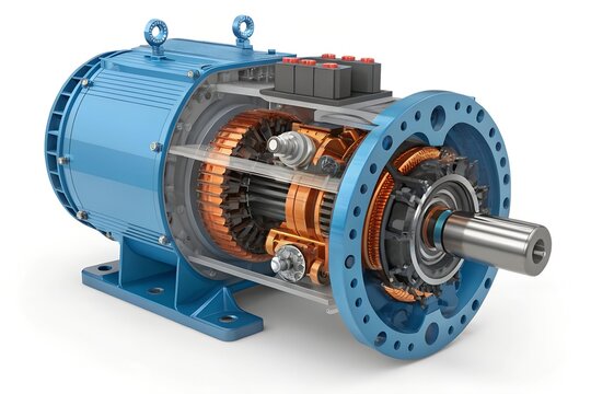 Industrial electric motor cutaway showing internal copper coils and blue housing