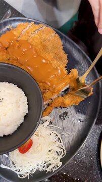 Korean Style Breaded Pork Cutlet with Gravy and Rice