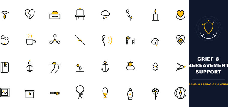 Grief and bereavement support icons, 32 mourning and funeral line elements. Mental health and loss symbols for counseling and therapy.