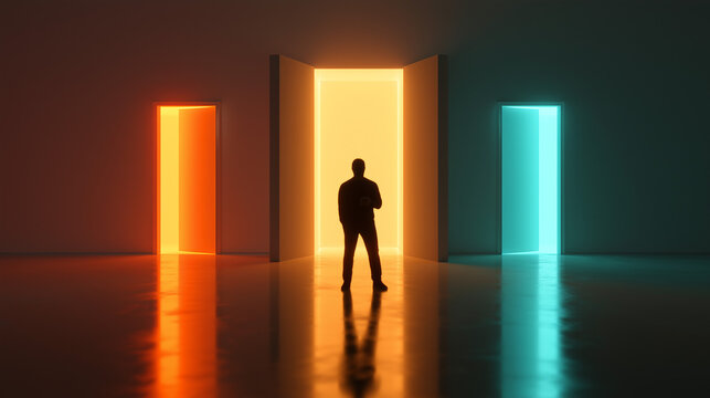 Surreal interior with three illuminated doorways in orange, golden and cyan light, solitary person choosing a path, reflective floor, cinematic concept of decisions and opportunity