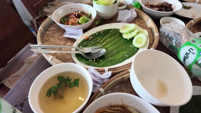 Traditional Thai Street Food Som Tum Papaya Salad on Banana Leaf