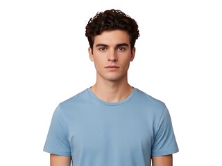 Fototapeta premium A portrait of a young man with curly dark hair wearing a light blue t-shirt