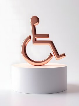 Shiny copper colored disability accessibility symbol on white pedestal