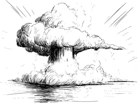 A dramatic black and white ink of a massive nuclear mushroom cloud explosion over the ocean water
