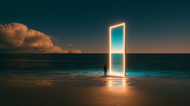 Dreamlike ocean scene featuring a luminous rectangular portal standing in shallow water at dusk, solitary figure beside it, turquoise glow, warm reflections, surreal gateway concept