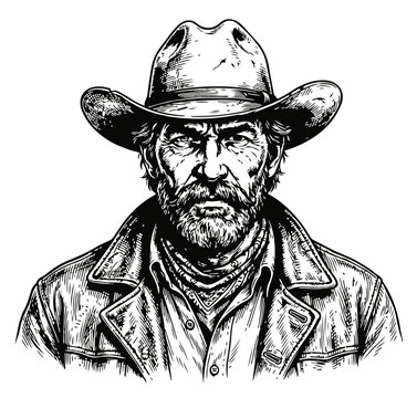 Rugged Cowboy Portrait Illustration with Wide Brim Hat and Scarf