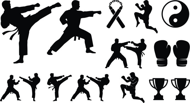 Taekwondo sparring and martial arts training black icons including fighter high kick punching stance nunchaku weapon yin-yang symbol sparring partners and trophy cups