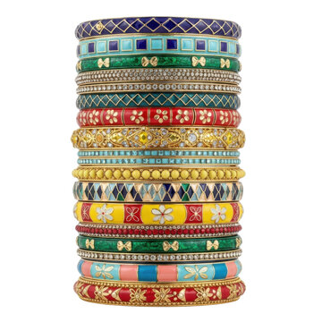 A stunning collection of intricately designed luxury bangles in vibrant colors and ornate patterns, showcasing fine craftsmanship and elegant jewelry artistry