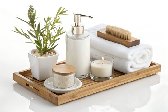 Spa and wellness set with white towels soap candle and plant on a wooden tray