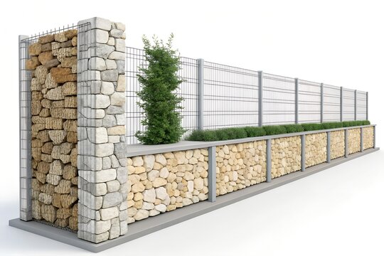 Gabion fence wall made of wire mesh cages filled with stacked stones and rocks