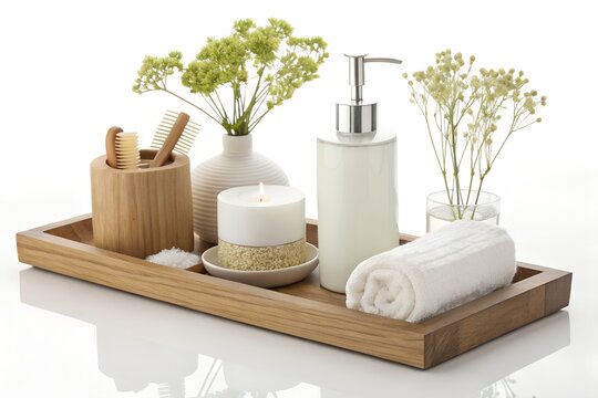 Bathroom accessories set on a wooden tray including soap dispenser and towel