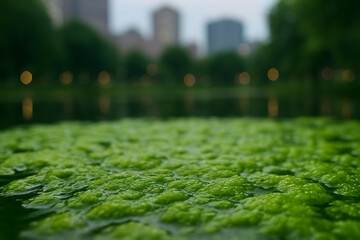 Naklejka premium Blurred urban park pond with green algae covering the water surface at dusk