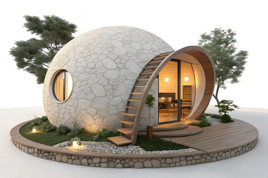 Modern spherical eco house with dome architecture and wooden entrance deck