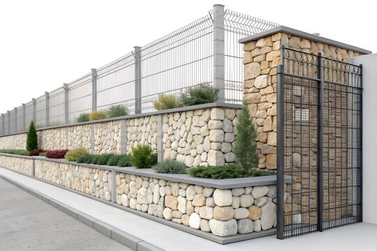 Stone wall fence with metal railings and security barbed wire outdoors