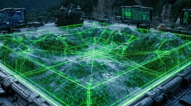 Futuristic holographic terrain map with glowing green gridlines military technology