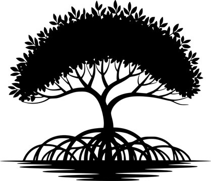 A black and white silhouette of a mangrove tree with intricate roots standing in shallow water