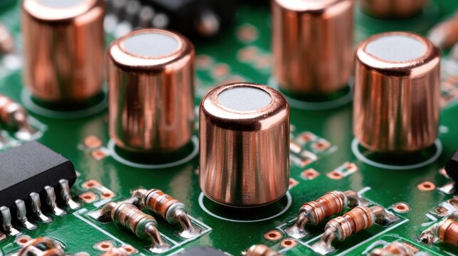 Close up of copper capacitors and resistors on a green circuit board