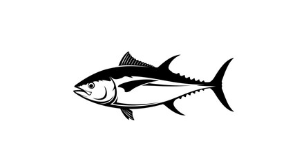 Fototapeta premium Black and white illustration of a tuna fish with silhouette swimming seafood cartoon drawing graphic marine animal scales icon fin