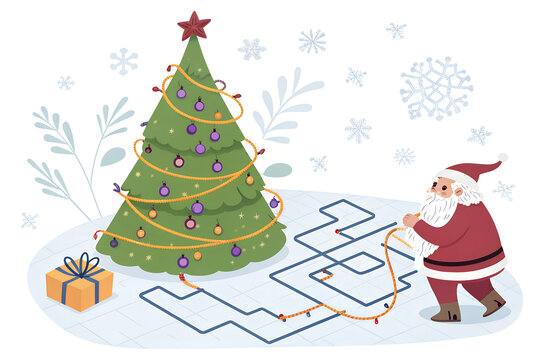Santa claus connecting fairy lights to a decorated christmas tree in a winter