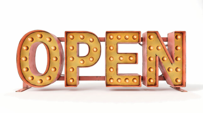 3D Rendered Open Word Vintage Retro Marquee Sign Light Bulb Typography Standing Isolated on White