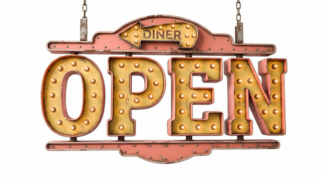 3D Rendered Open Word Vintage Diner Marquee Sign Light Bulb Typography Hanging Isolated on White