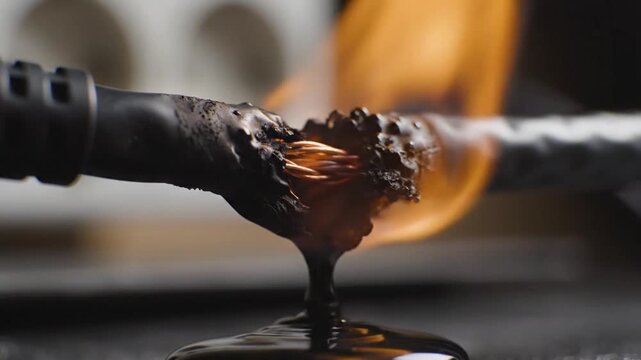 Dangerous electrical short circuit causing a power cable to overheat and melt its insulation, leading to sparks, smoke, and flames, illustrating a potential fire hazard