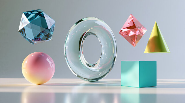 Various colorful geometric shapes and glass objects arranged neatly under soft studio lighting. Ideal for modern abstract design concepts and contemporary art backgrounds.