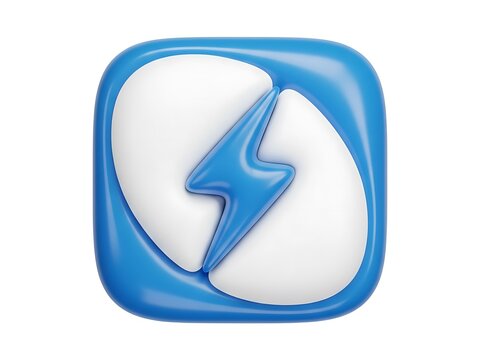 A blue and white app icon featuring a stylized lightning bolt emblem design