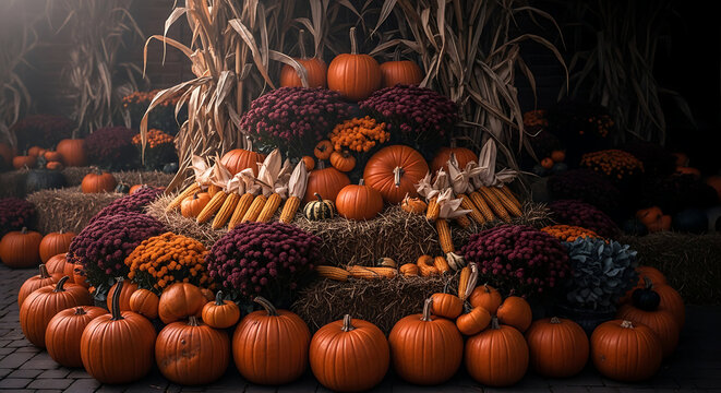 Pumpkins and corn displayed on hay bales with purple flowers for autumn harvest with marigolds harvest festival
