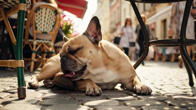 Adorable french bulldog getting sleepy and yawning while relaxing on a cobblestone sidewalk under a cafe table in a bustling european city street during a warm, sunny summer day
