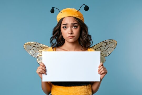 Sad Bee Costume Woman Holding Blank Advertising Sign