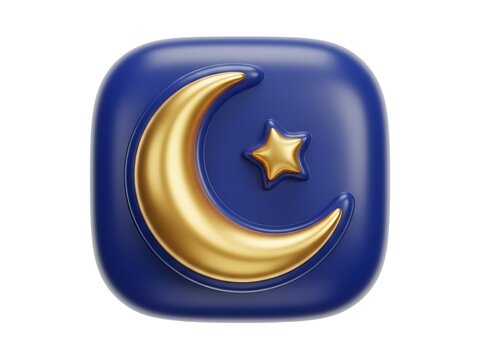 A golden crescent moon and star emblem set on a deep purple square background