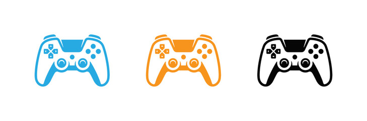 Video game controller icon set in blue orange black, wireless gamepad joystick symbol for gaming console esports UI transparent background . © Afroja