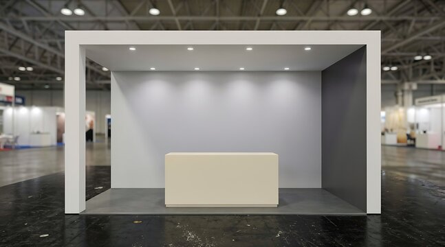 Empty exhibition booth with reception desk and lighting in a convention center.