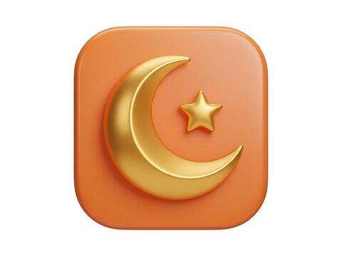 A 3d golden crescent moon and star icon on a rounded orange app background