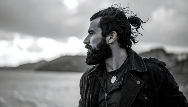 Retrato en blanco y negro de hombre con barba y cabello recogido mirando hacia un paisaje exterior