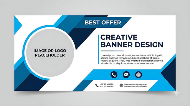 Modern blue business banner design, creative corporate web header with image placeholder, professional marketing promotional layout